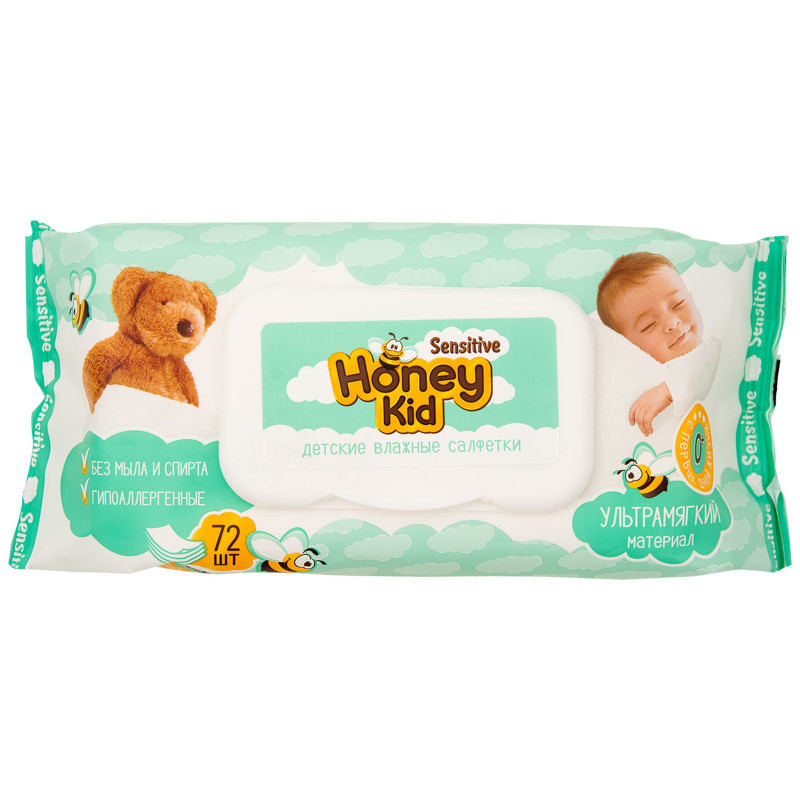 Салфетки влажные детские Sensitive с клапаном Honey Kid, 72шт