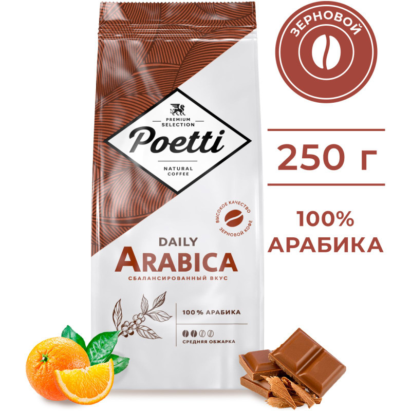 Кофе Poetti Daily Arabica натуральный жареный в зернах, 250г — фото 2