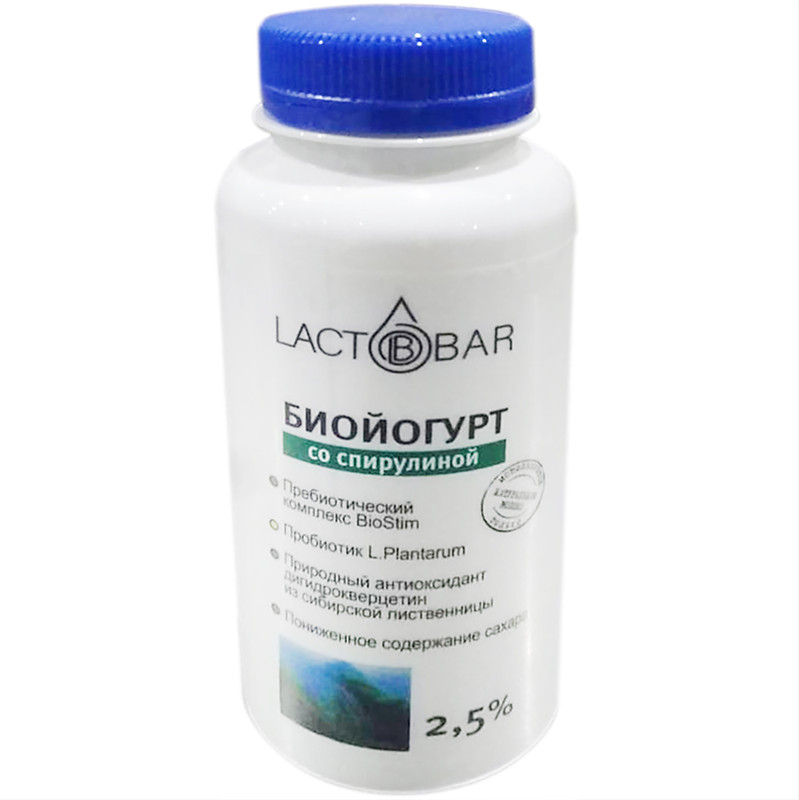 Биойогурт Lactobar с сиропом фруктозным со спирулиной 2.5%, 230мл