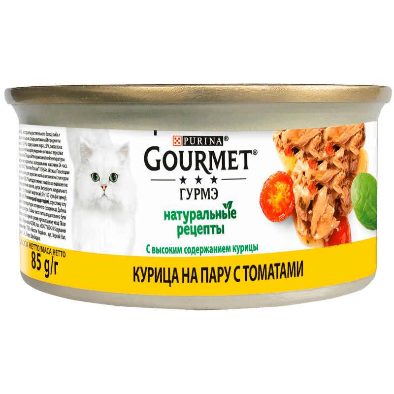 Корм Purina Gourmet Натуральные Рецепты с высоким содержанием курицы и с томатами для кошек, 85г