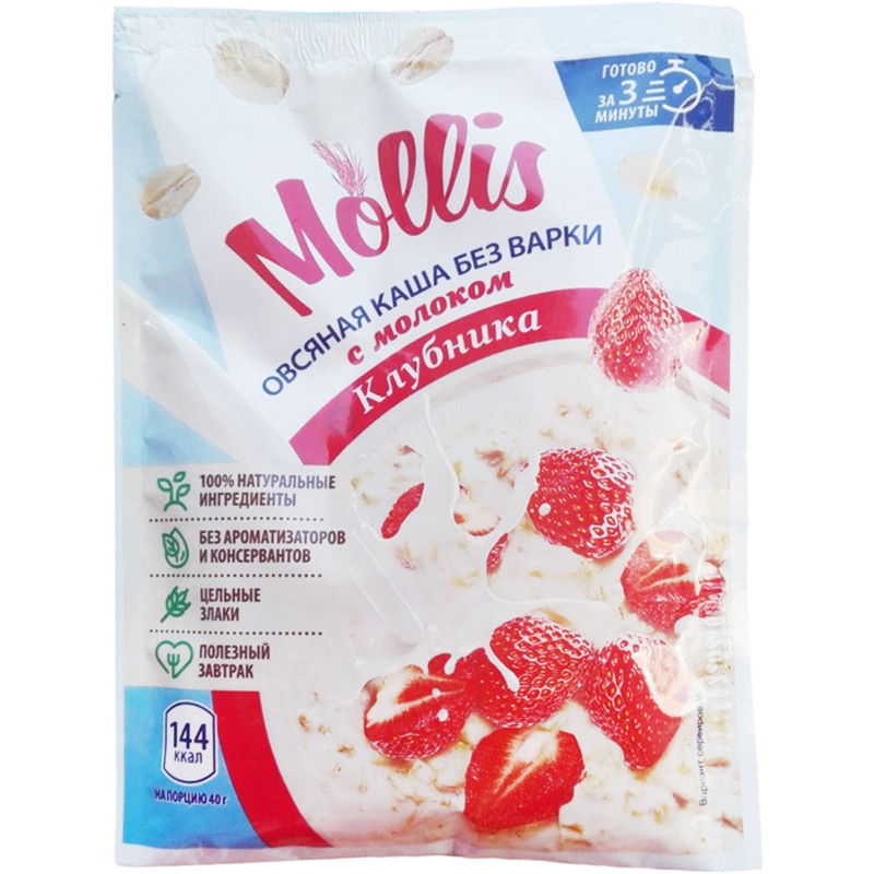 Каша Mollis овсяная с клубникой и молоком, 40г — фото 1
