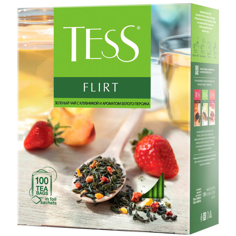 Чай Tess Флирт зелёный байховый с клубникой и ароматом белого персика в пакетиках, 100х1.5г — фото 1